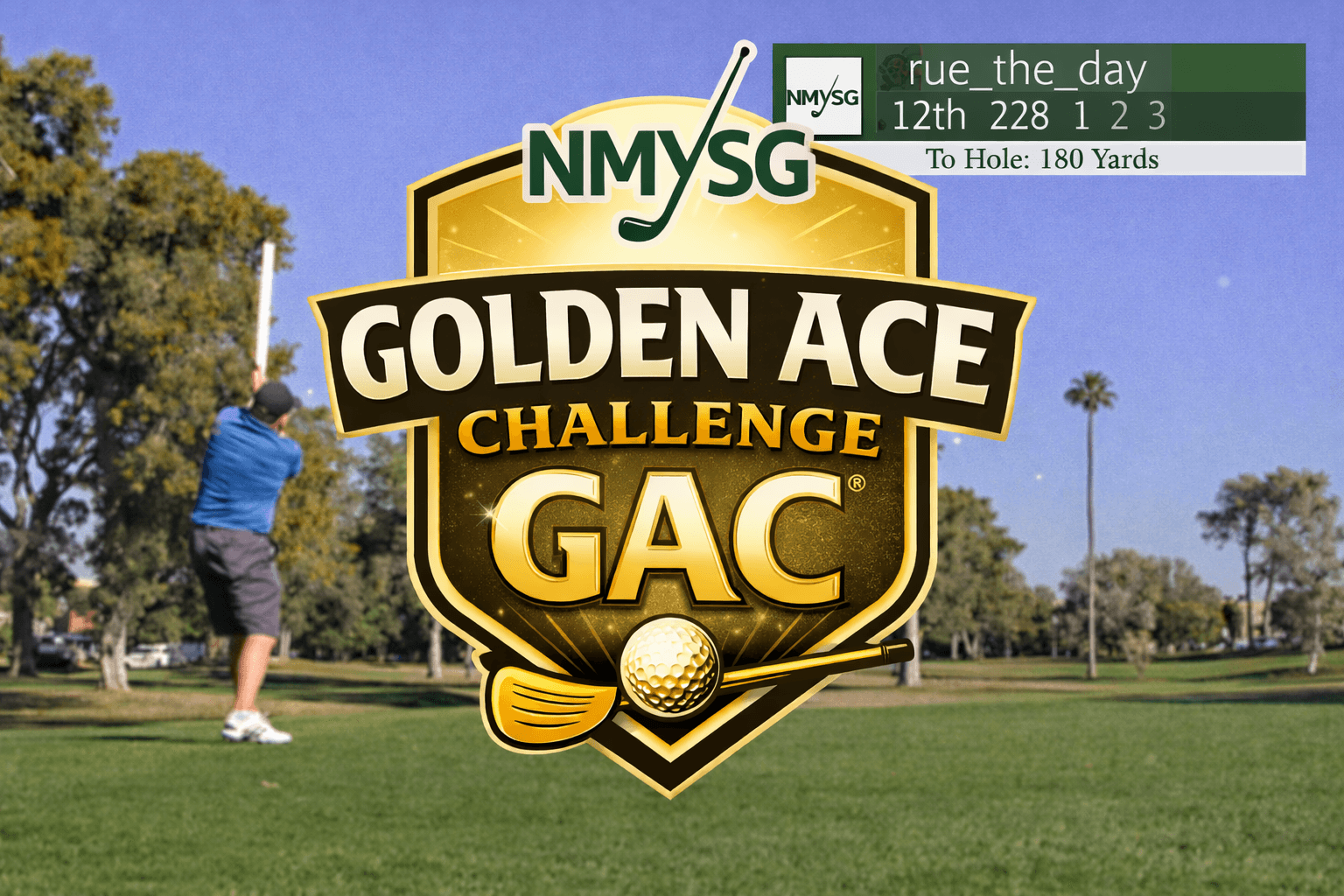 Golden Ace Challenge badge and golf course view